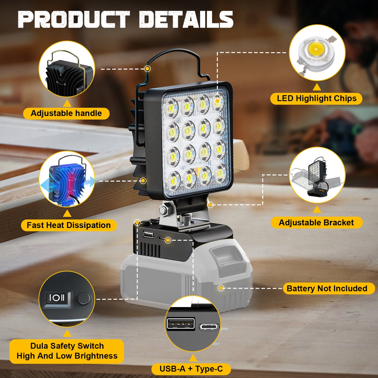 Ecarke 4800LM LED Work Light for DeWALT 20V Battery - 48W Cordless Flashlight