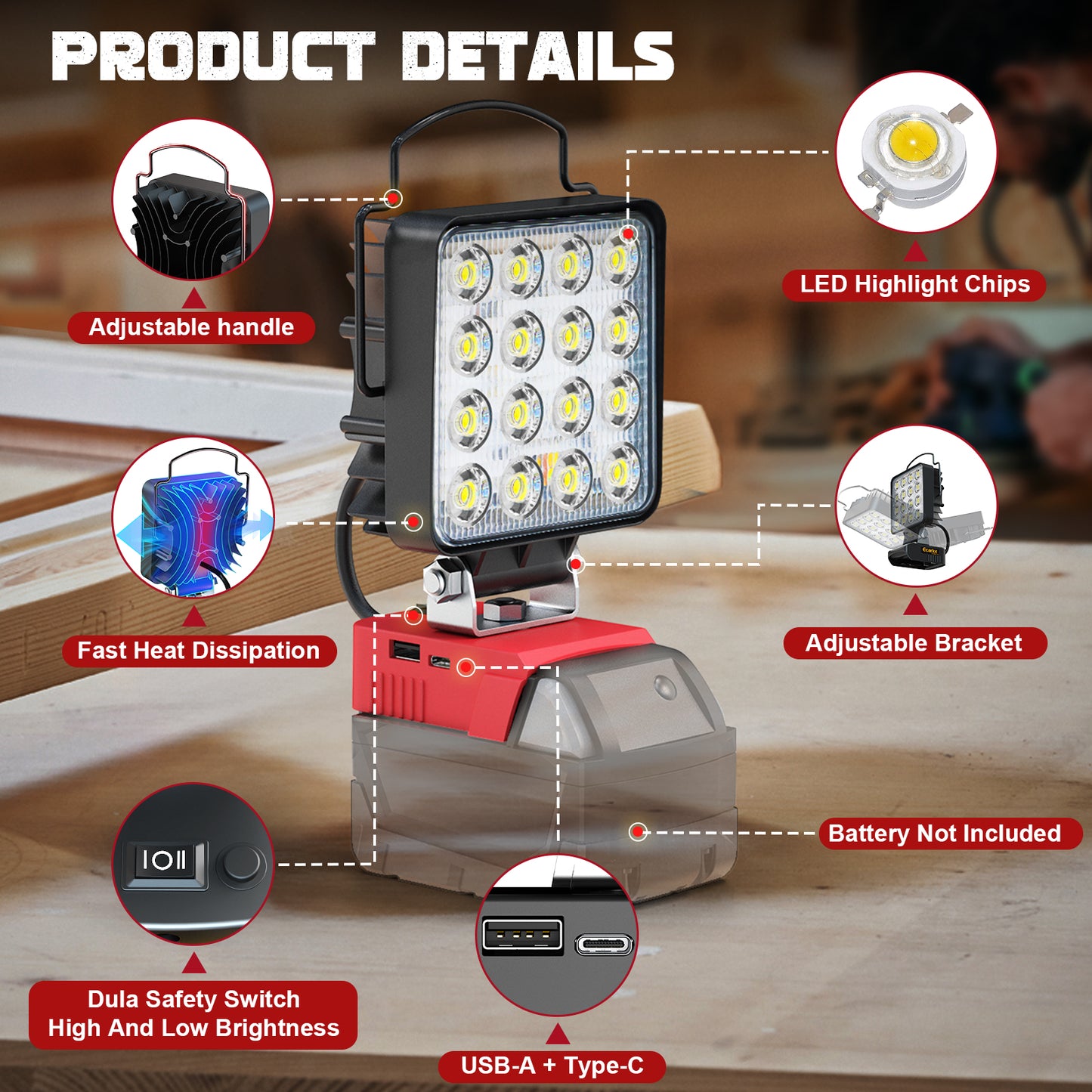 Ecarke 4800LM LED Work Light for Milwaukee m18 Battery Flashlight