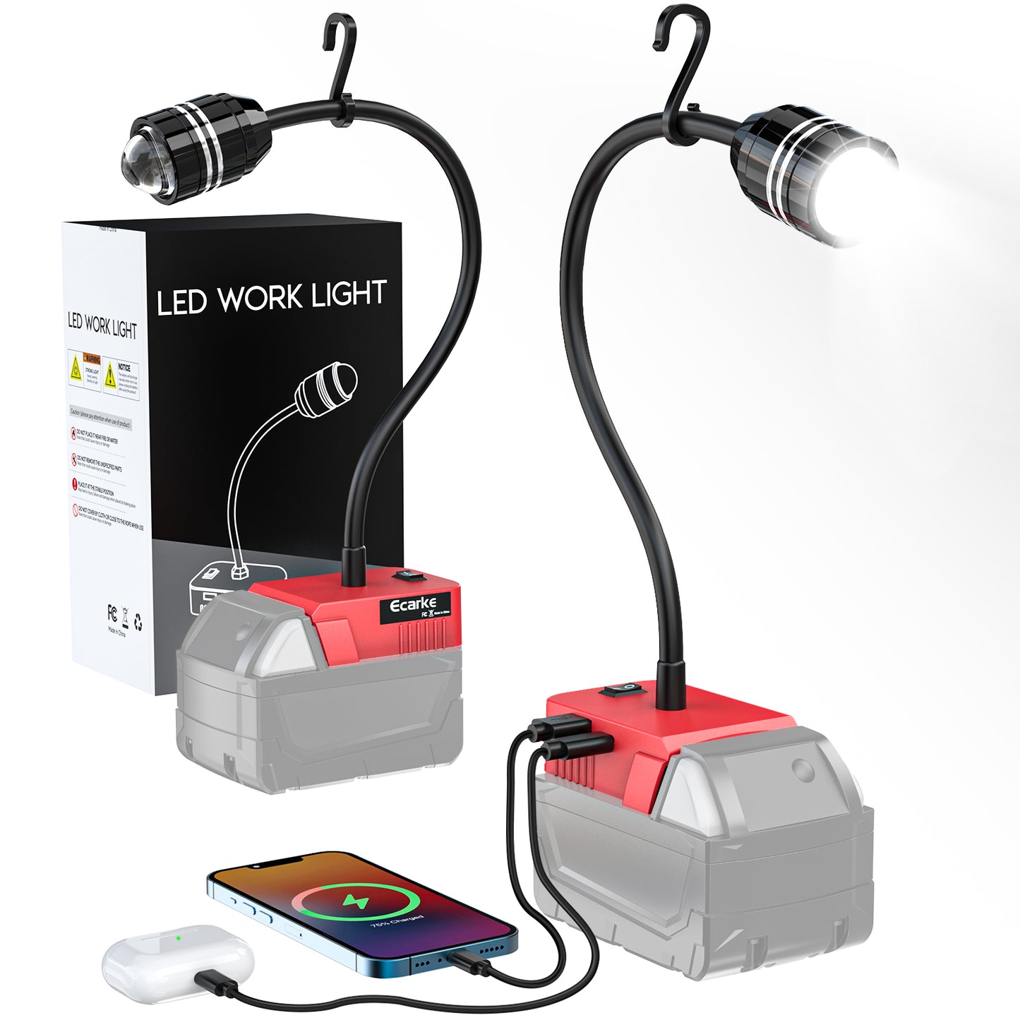 Ecarke 2PCS LED Work Light with Flexible Gooseneck for Milwaukee 18V Battery