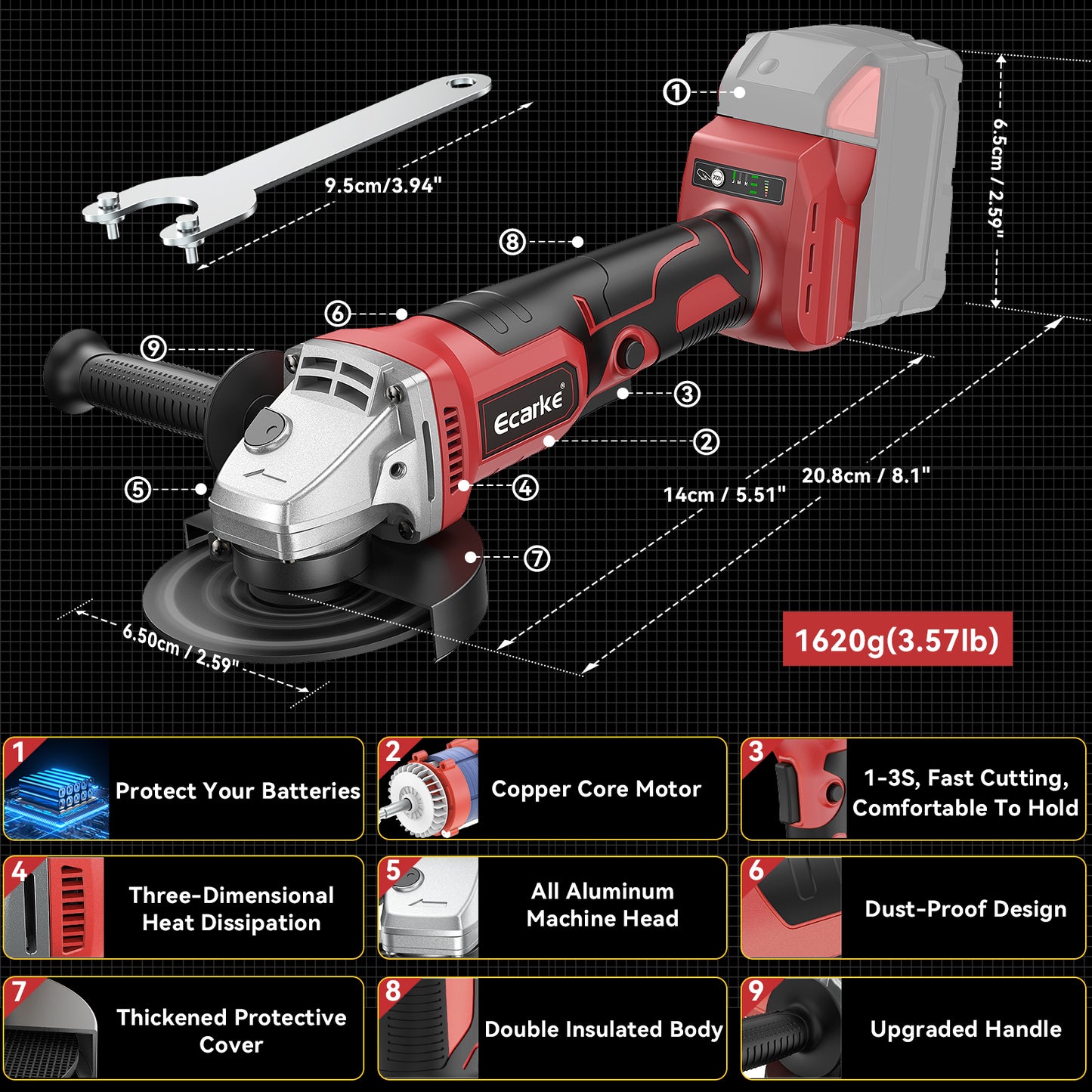 Ecarke Cordless Power Angle Grinder for Milwaukee 18v Battery