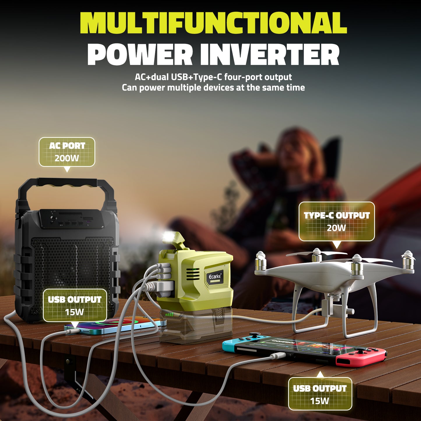 Ecarke 200W Powered Inverter for Ryobi 18V