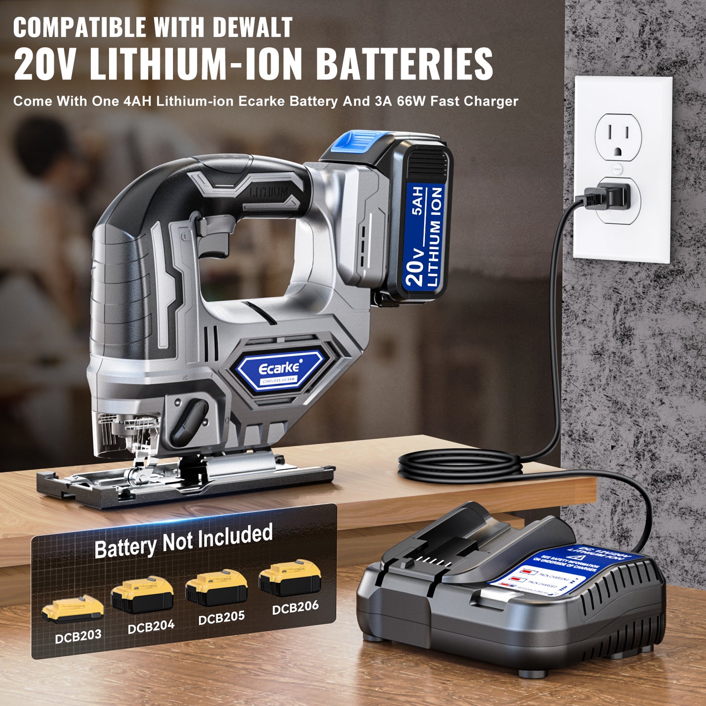 Cordless Jigsaw Tool Compatible with Dewalt 20V Battery, Variable Speed, LED Light