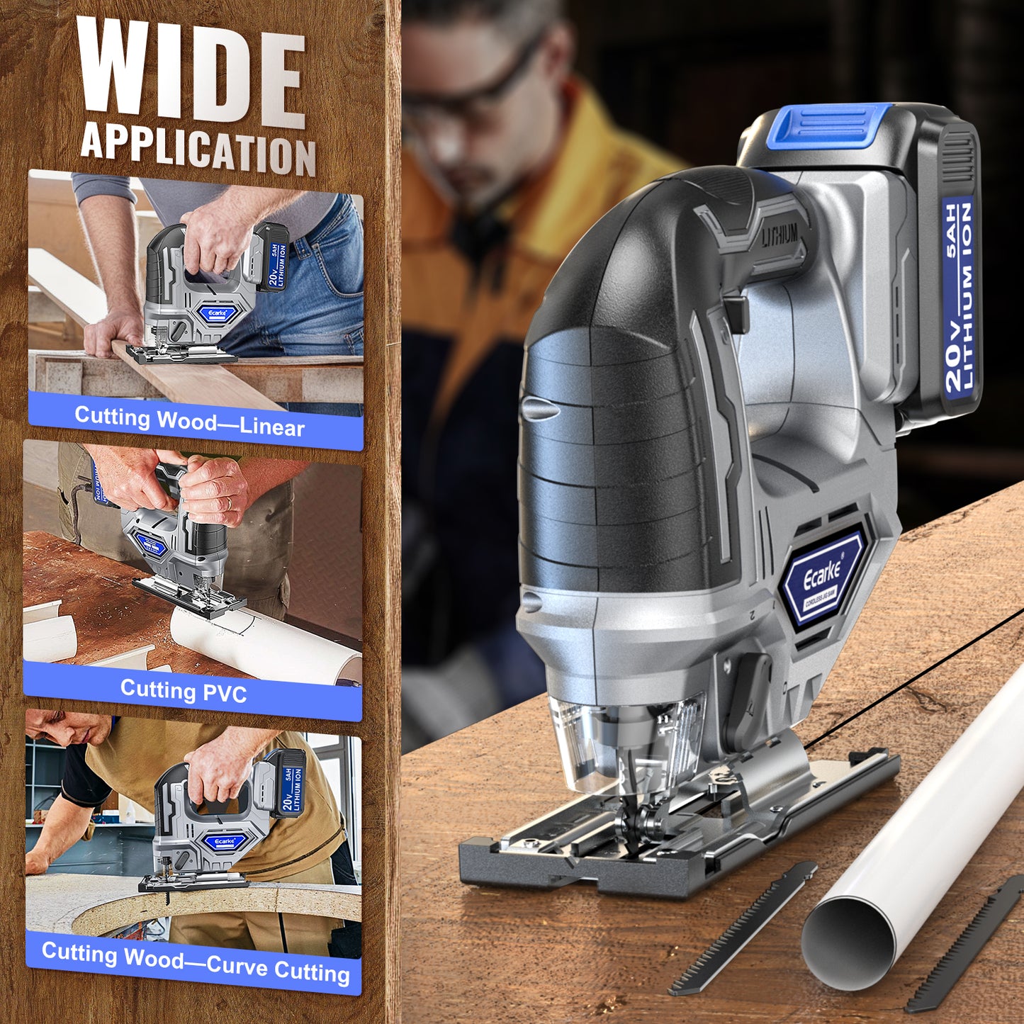 Cordless Jigsaw Tool Compatible with Dewalt 20V Battery, Variable Speed, LED Light
