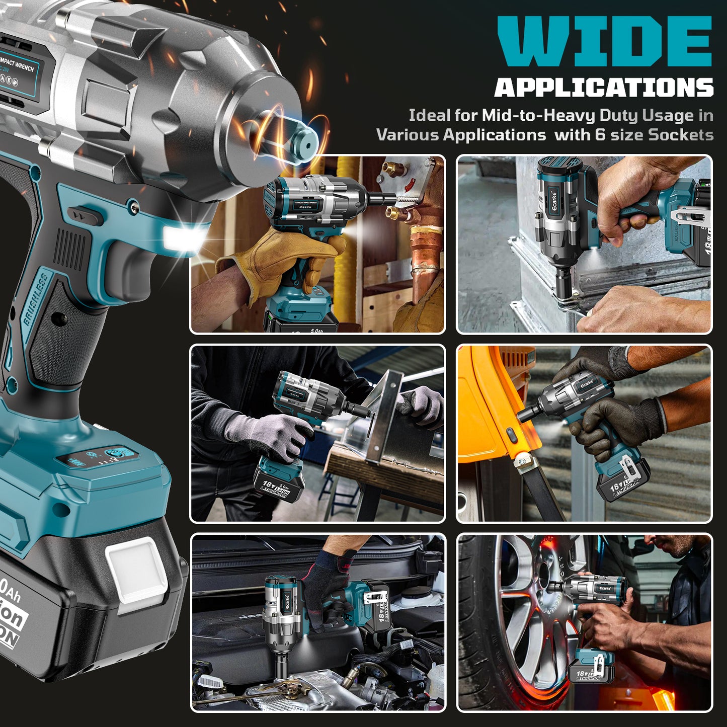 Ecarke Cordless Impact Wrench 1/2 inch for Makita Battery
