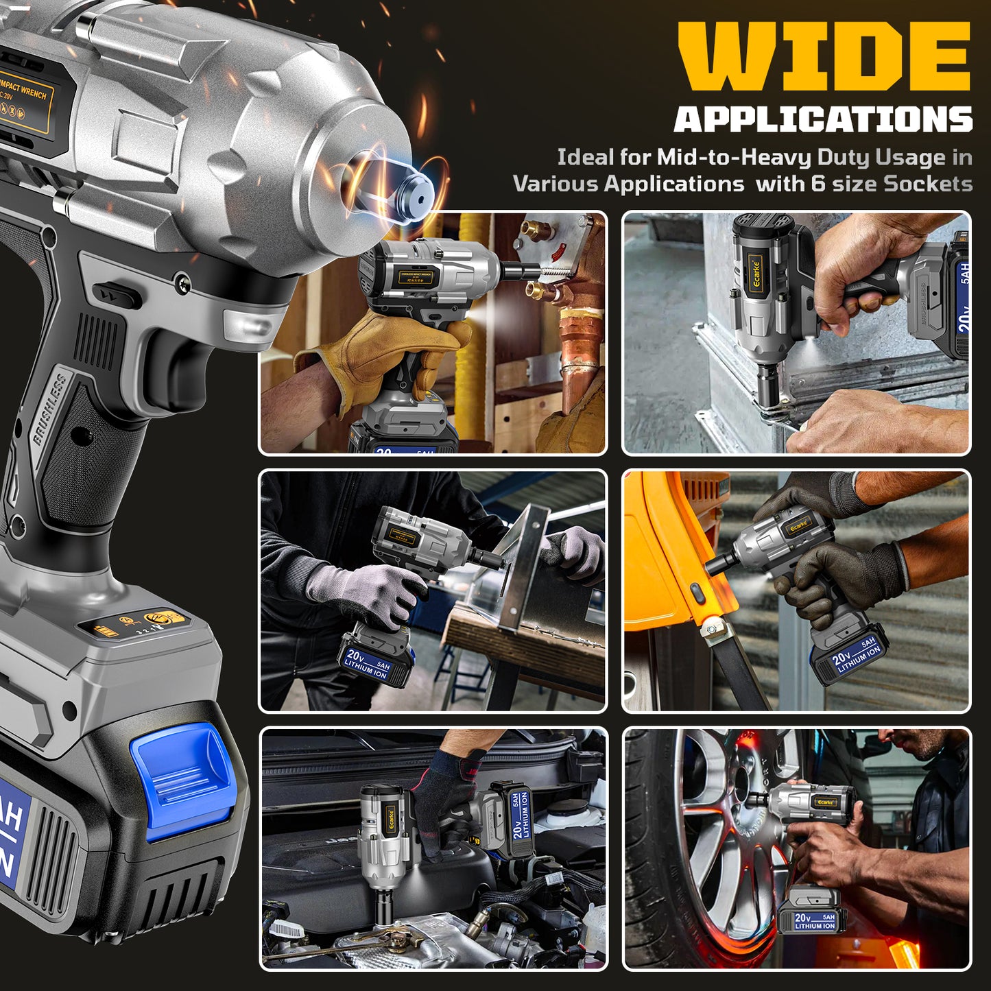 Ecarke Cordless Impact Wrench 1/2 inch for Dewalt Battery