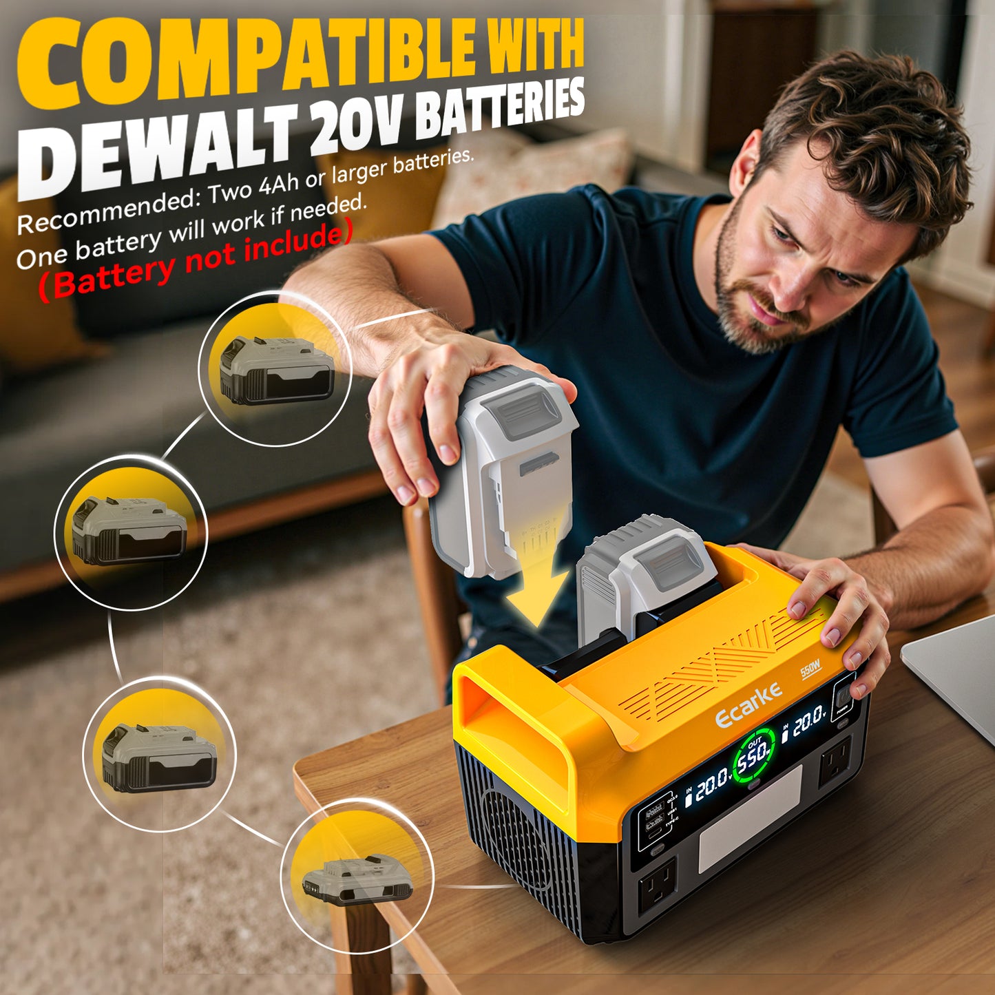 Ecarke 550W Portable Power Inverter Compatible with Dewalt 20V Battery, Power Station DC 20V to AC 110V Pure Sine Wave