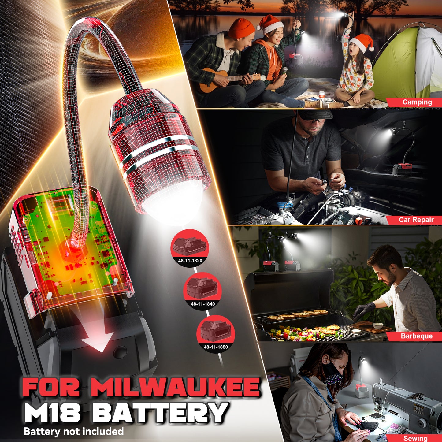 Ecarke 2PCS LED Work Light with Flexible Gooseneck for Milwaukee 18V Battery