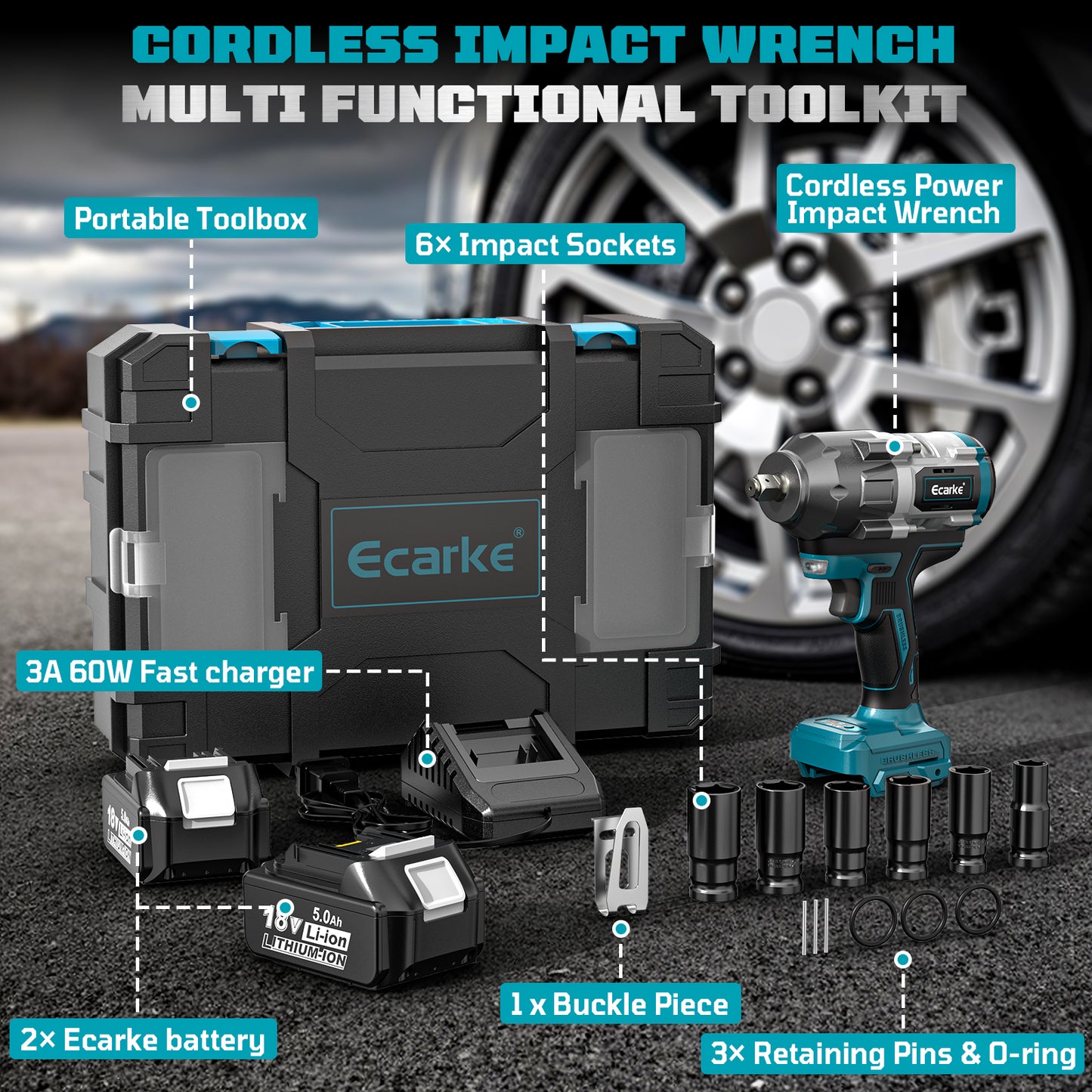 Ecarke Cordless Impact Wrench 1/2 inch for Makita Battery