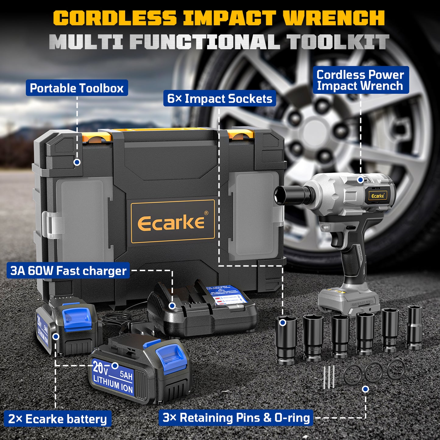 Ecarke Cordless Impact Wrench 1/2 inch for Dewalt Battery