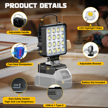 Ecarke 4800LM LED Work Light for DeWALT 20V Battery - 48W Cordless Flashlight