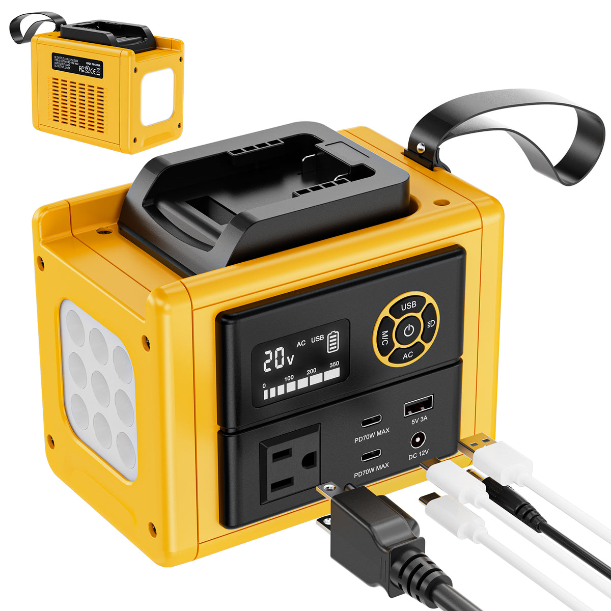Yellow and black portable power station with built-in handle, AC outlet, USB-C and USB-A ports, shown with attached cables and a smaller inset view of the same device on a white background.