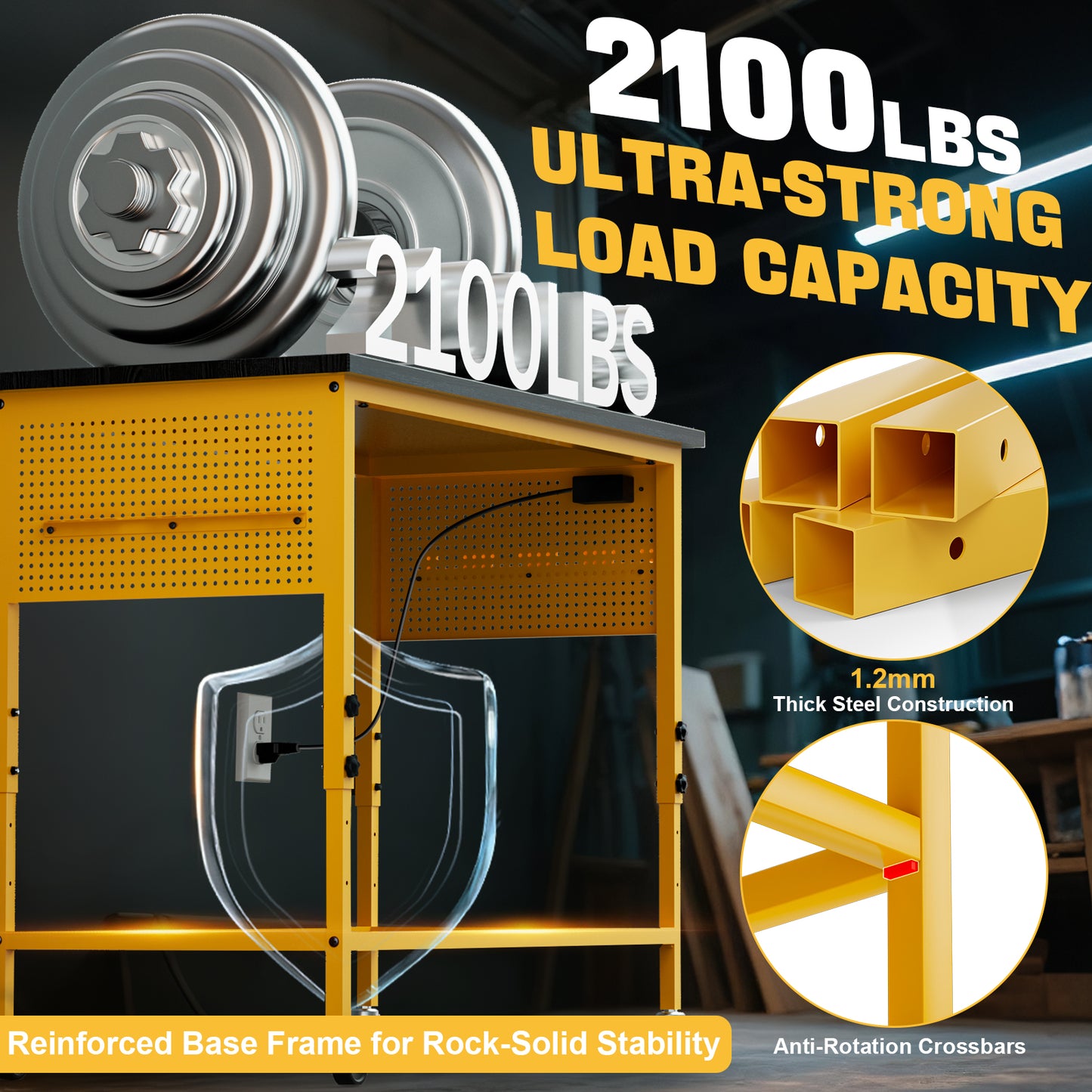 Ferreteriai 47" Heavy Duty Workbench with Power Outlet & USB-C, Exclusive Yellow Side Battery Holder