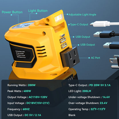 200W Portable Power Inverter for Dewalt 20V Battery