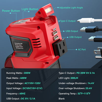 200W Power Inverter for Milwaukee M18 18V Battery