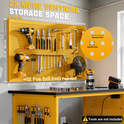Ferreteriai 47" Heavy Duty Workbench with Power Outlet & USB-C, Exclusive Yellow Side Battery Holder