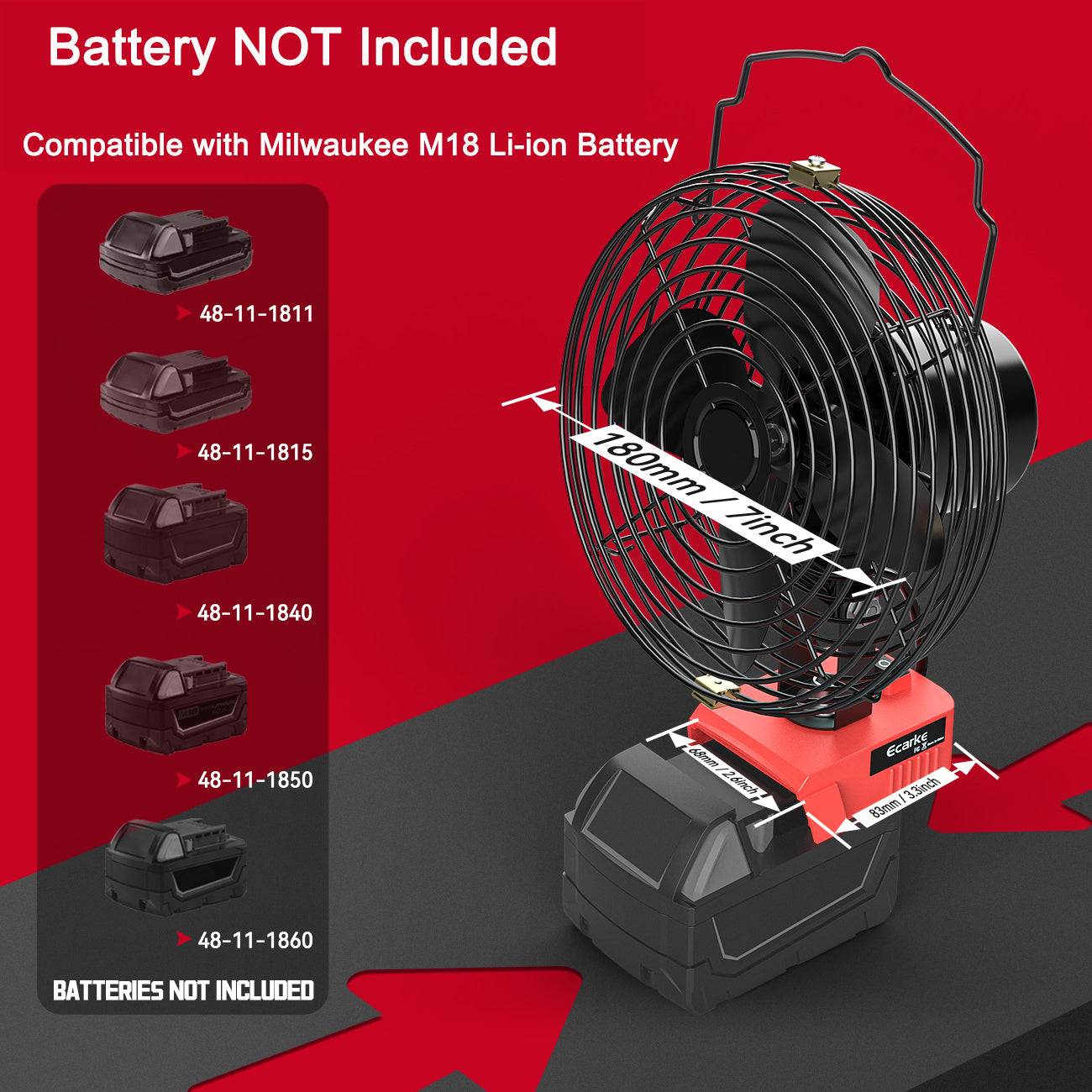 Cordless Jobsite Fan for Milwaukee 18V M18 Battery