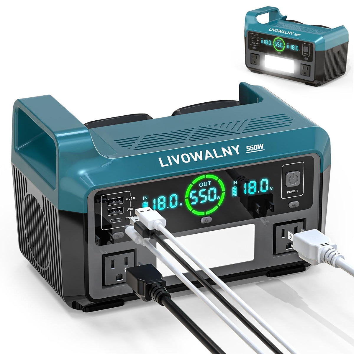 LIVOWALNY power station with multiple outlets and cables on a white background