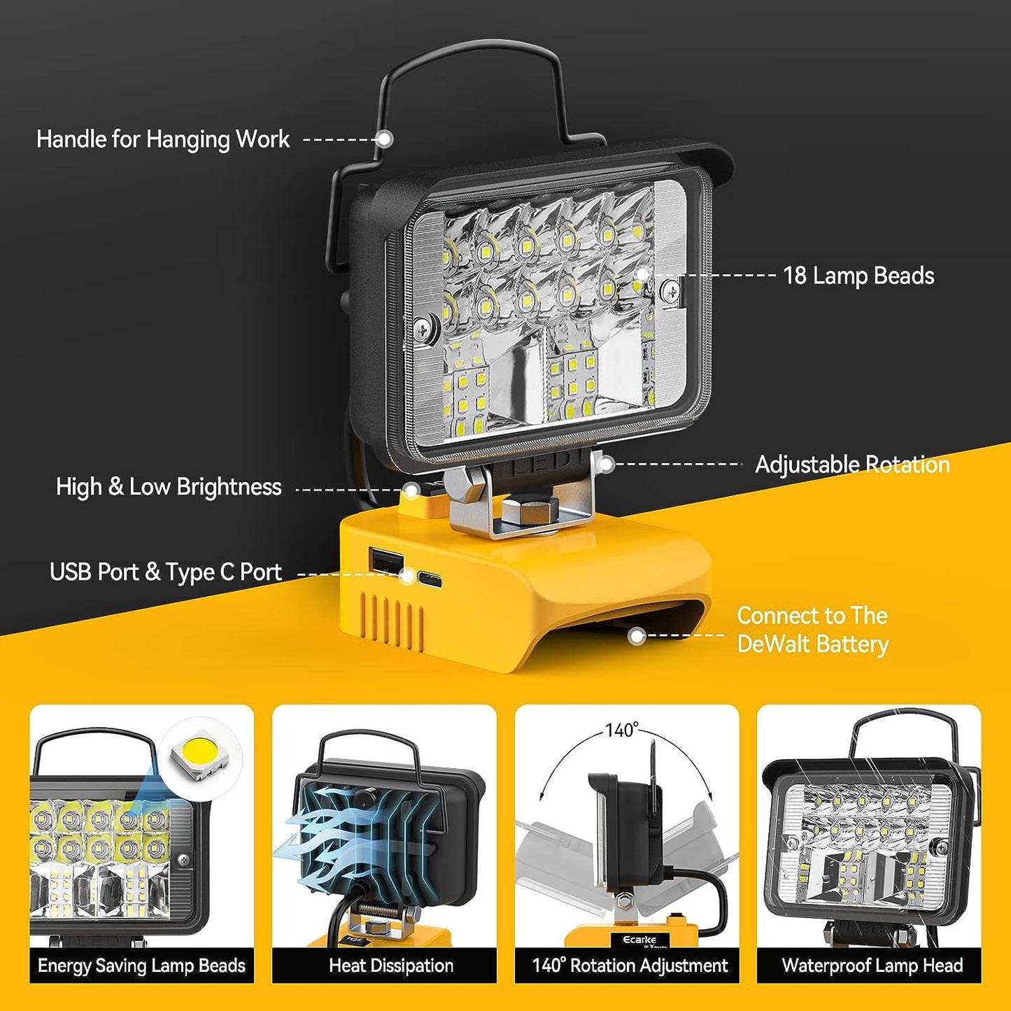 Handheld LED Work Light  for Dewalt 20V Battery-20W