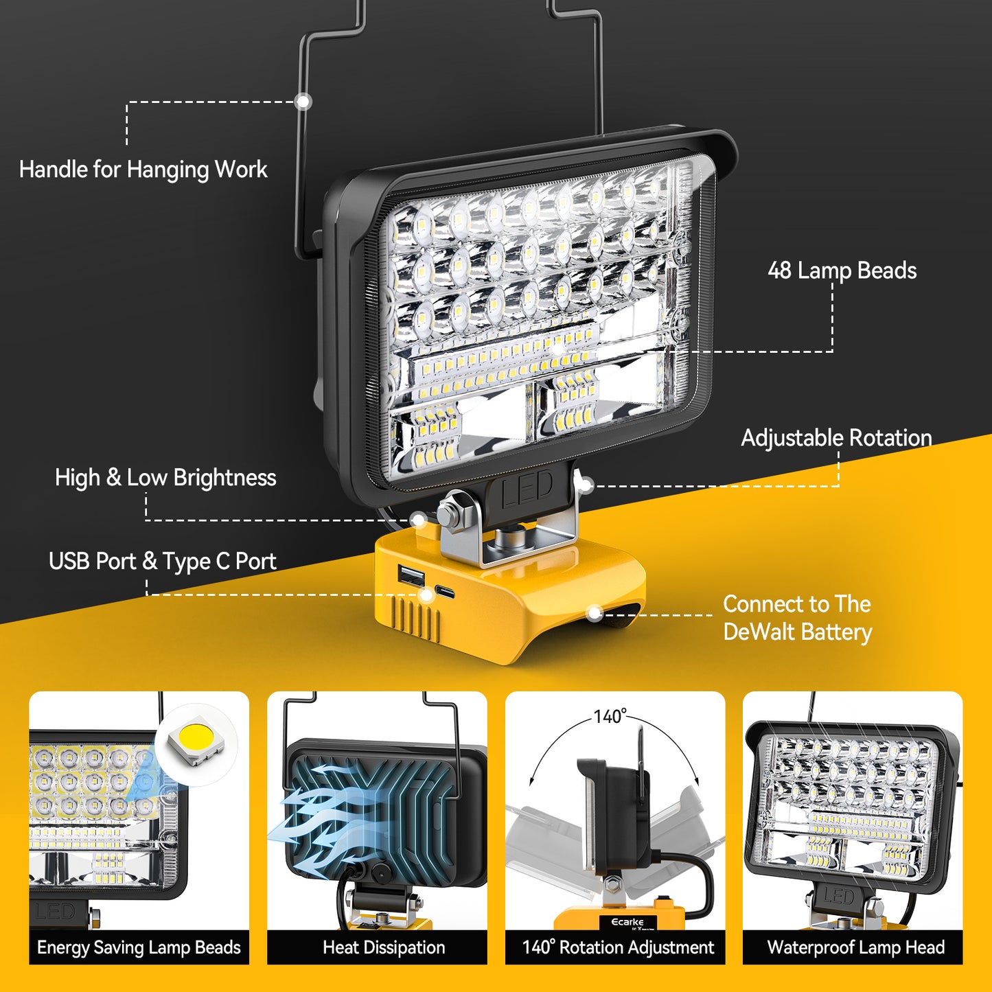 Ecarke Bright Led Flood Light - 68W 6800LM Cordless Work Light for DeWALT 20V Battery