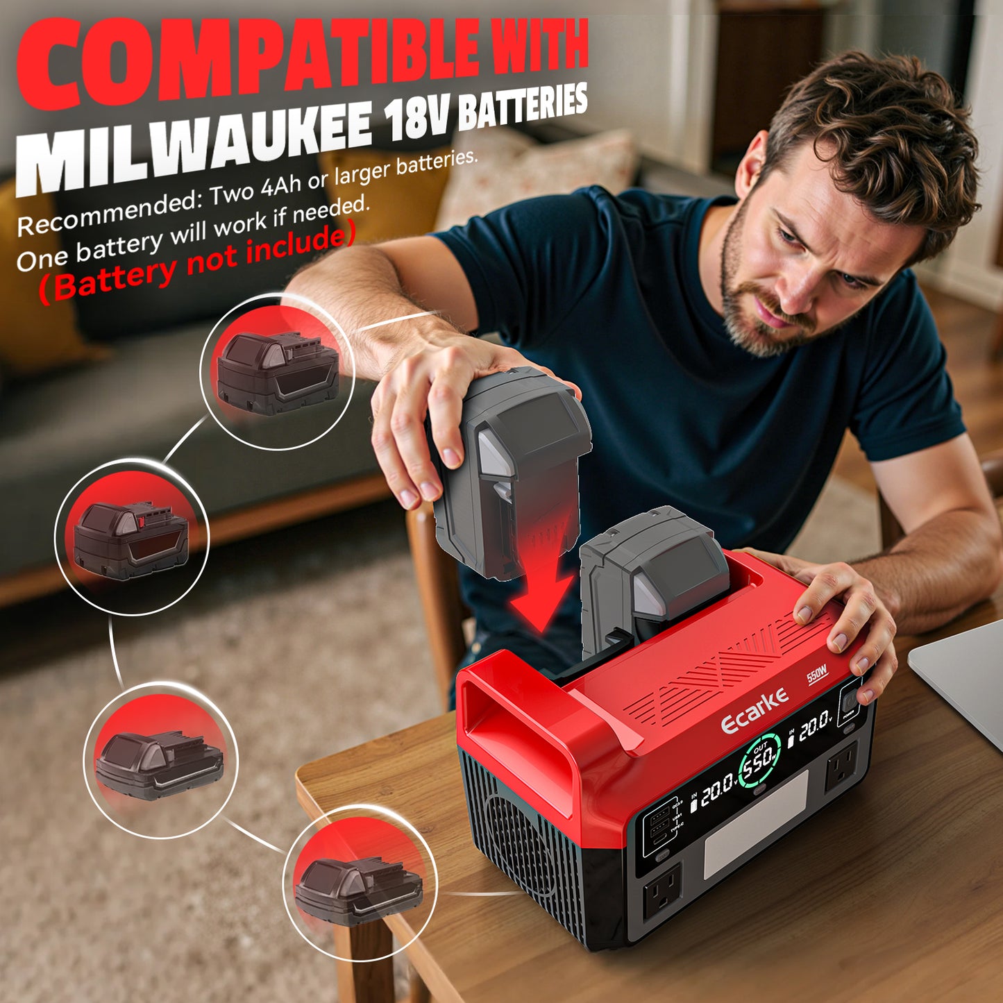Ecarke 550W Portable Power Inverter Compatible with Milwaukee 18V Battery, Power Station DC18V to AC110V Pure Sine Wave