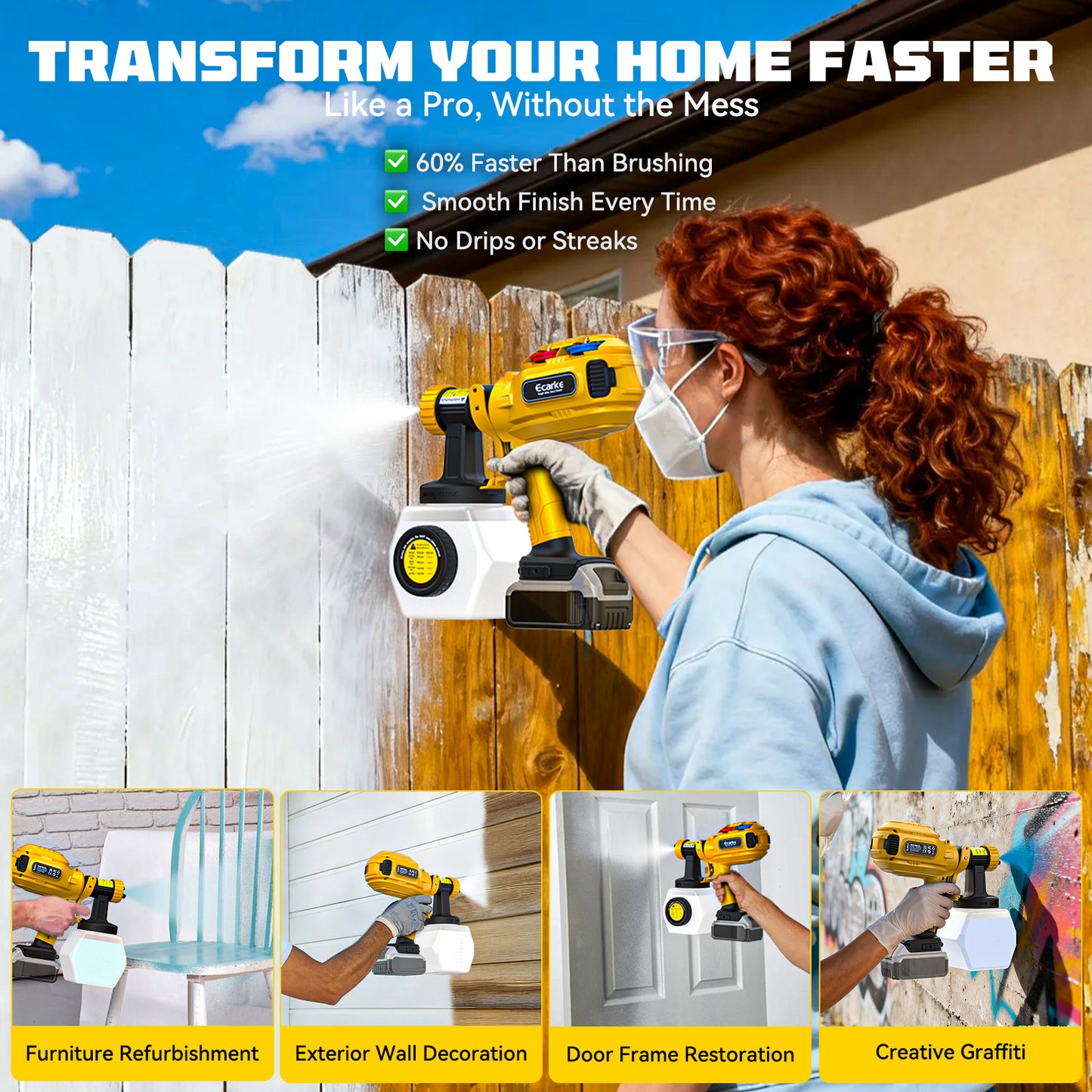 Ecarke Cordless Paint Sprayer Compatible with DeWalt 20V Battery (Tool Only)