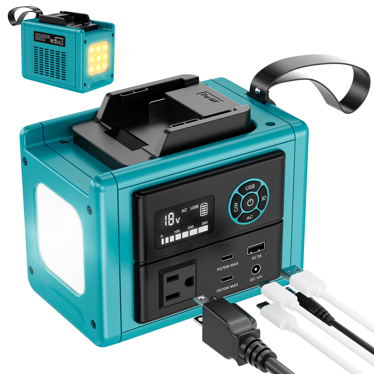 A teal and black portable power station with built-in LED lights, multiple USB-C and USB-A output ports, a handle, and attached power cords, shown on a clean white background with a smaller inset view of the power station with lights on.