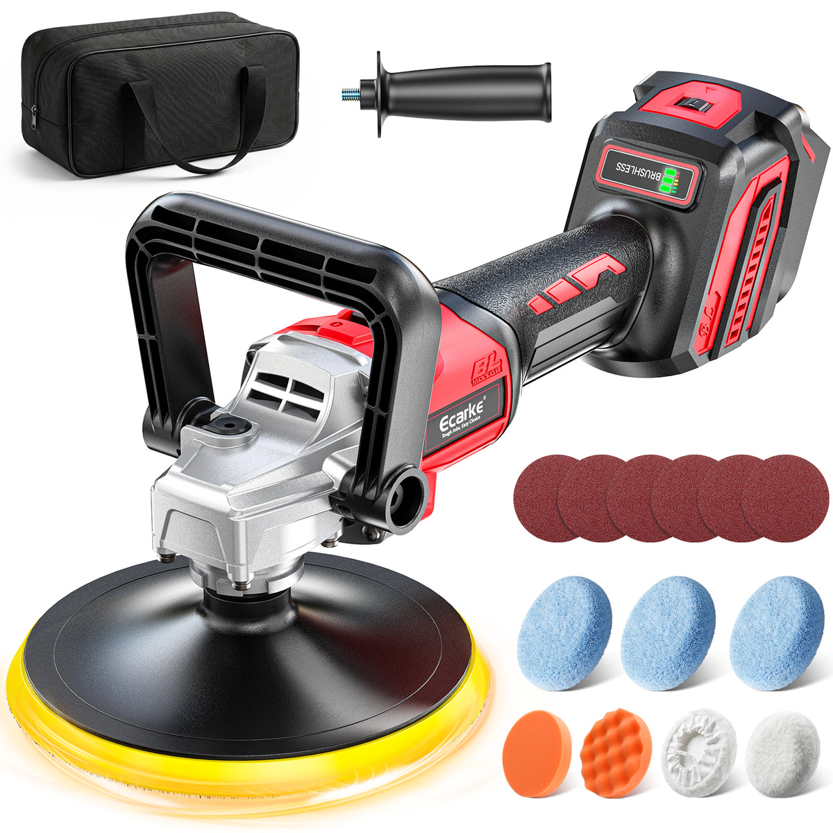A cordless electric buffer/polisher with a black and red body, shown with multiple sanding and polishing discs, a black carrying case, and a brush attachment on a white background.