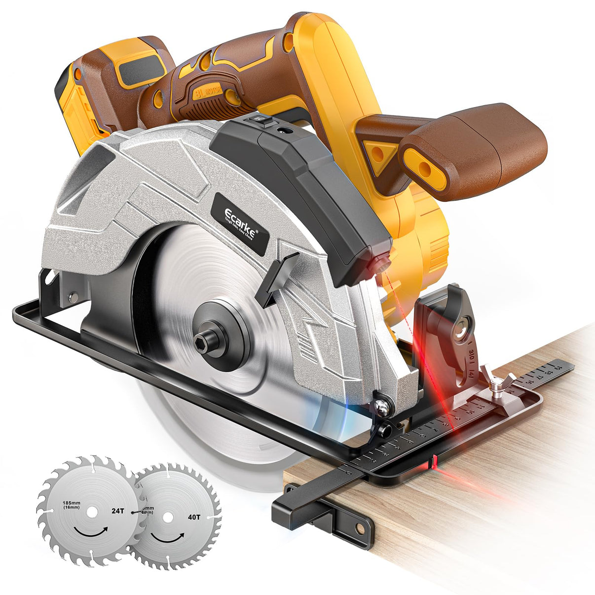Battery circular saw with additional blades on a white background