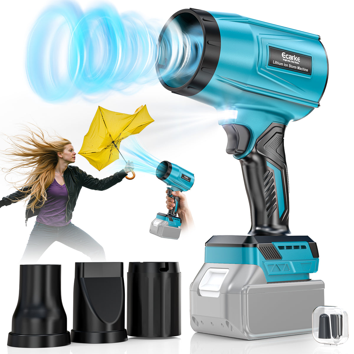Makita battery leaf blower with a yellow umbrella and person in the background