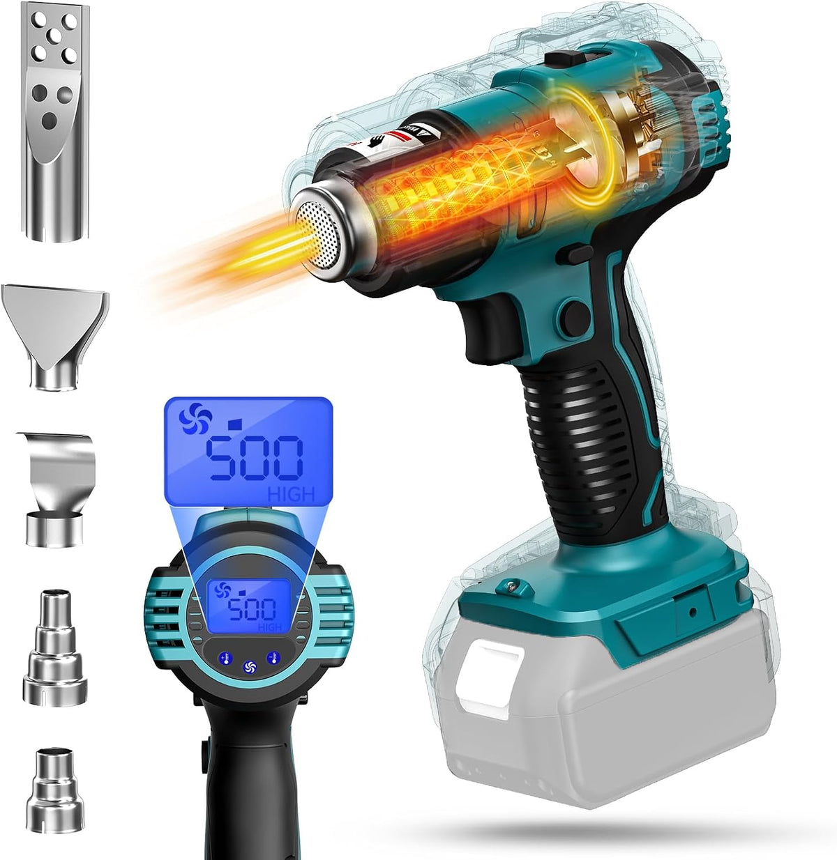 Battery operated heat gun with digital display and attachments on a white background