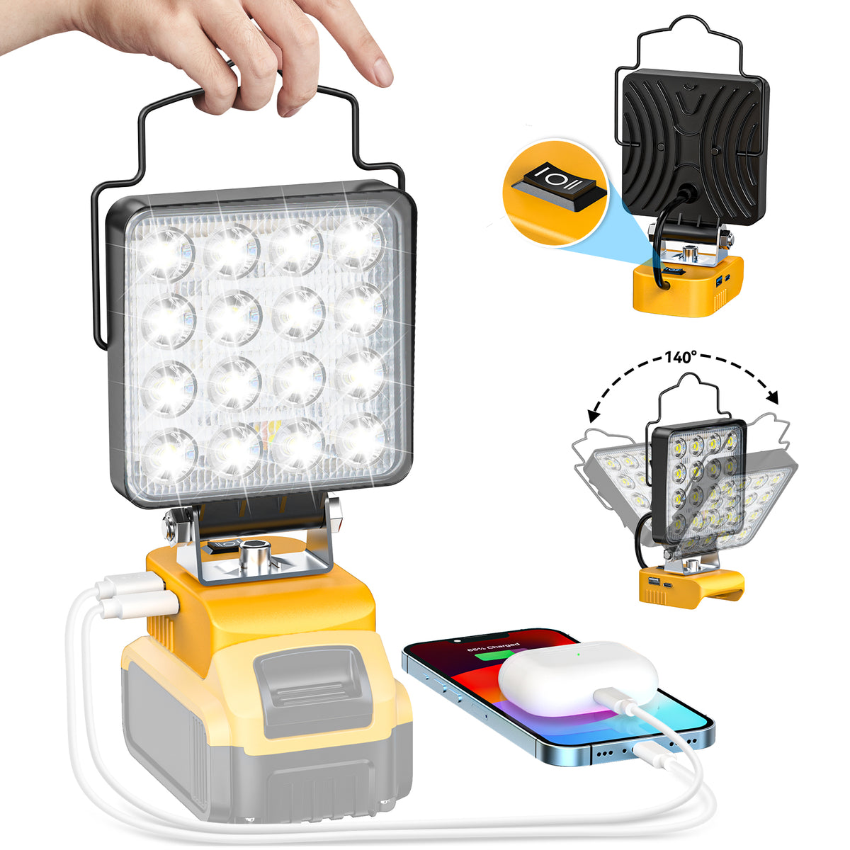A portable LED camping light with a built-in battery, shown on a white background with feature callouts and a hand holding the top handle. The light has a black square faceplate with multiple bright white LEDs, a yellow and gray battery base, and inset diagrams showing a power switch detail and 140-degree folding angle.