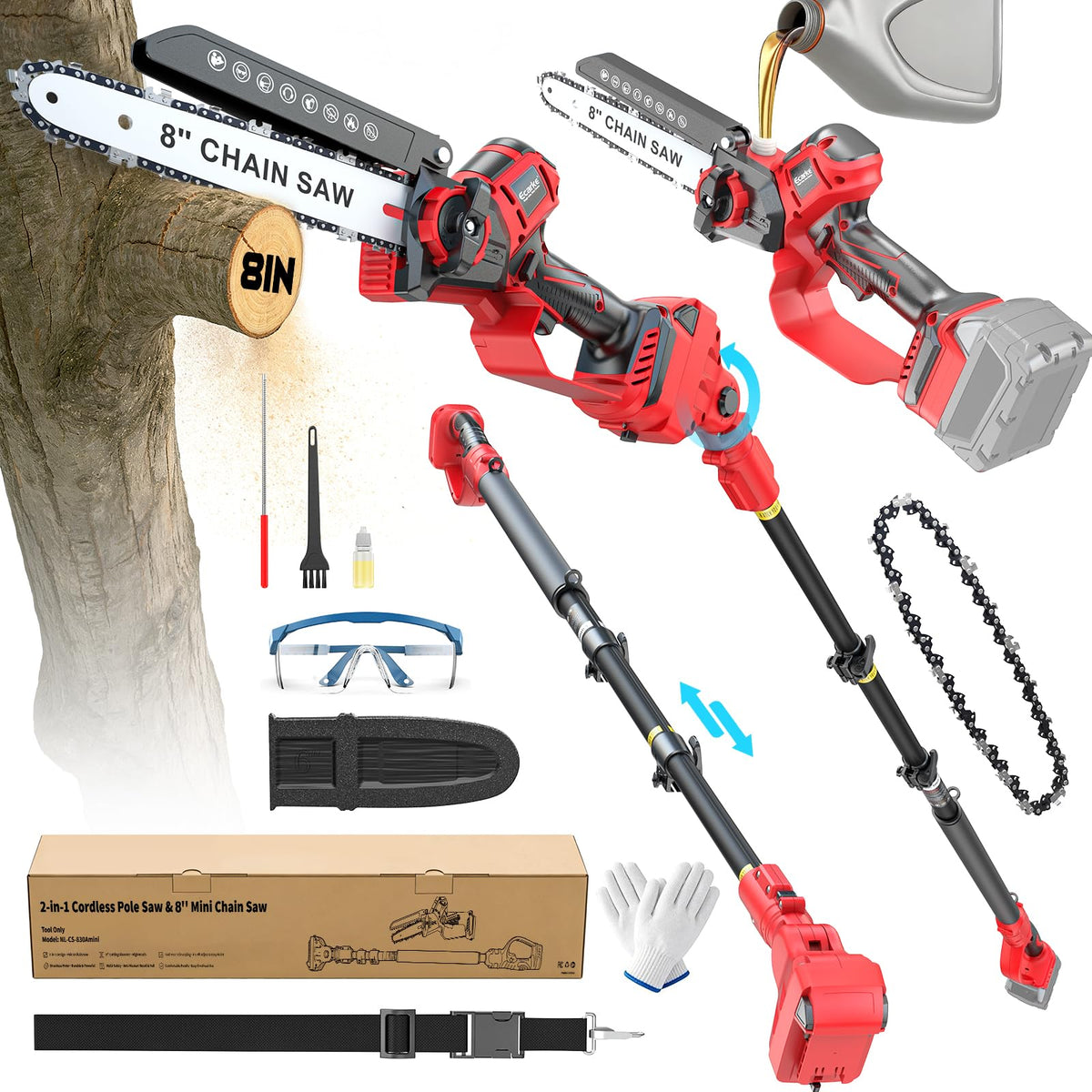 Red cordless pole saw with accessories on a white background