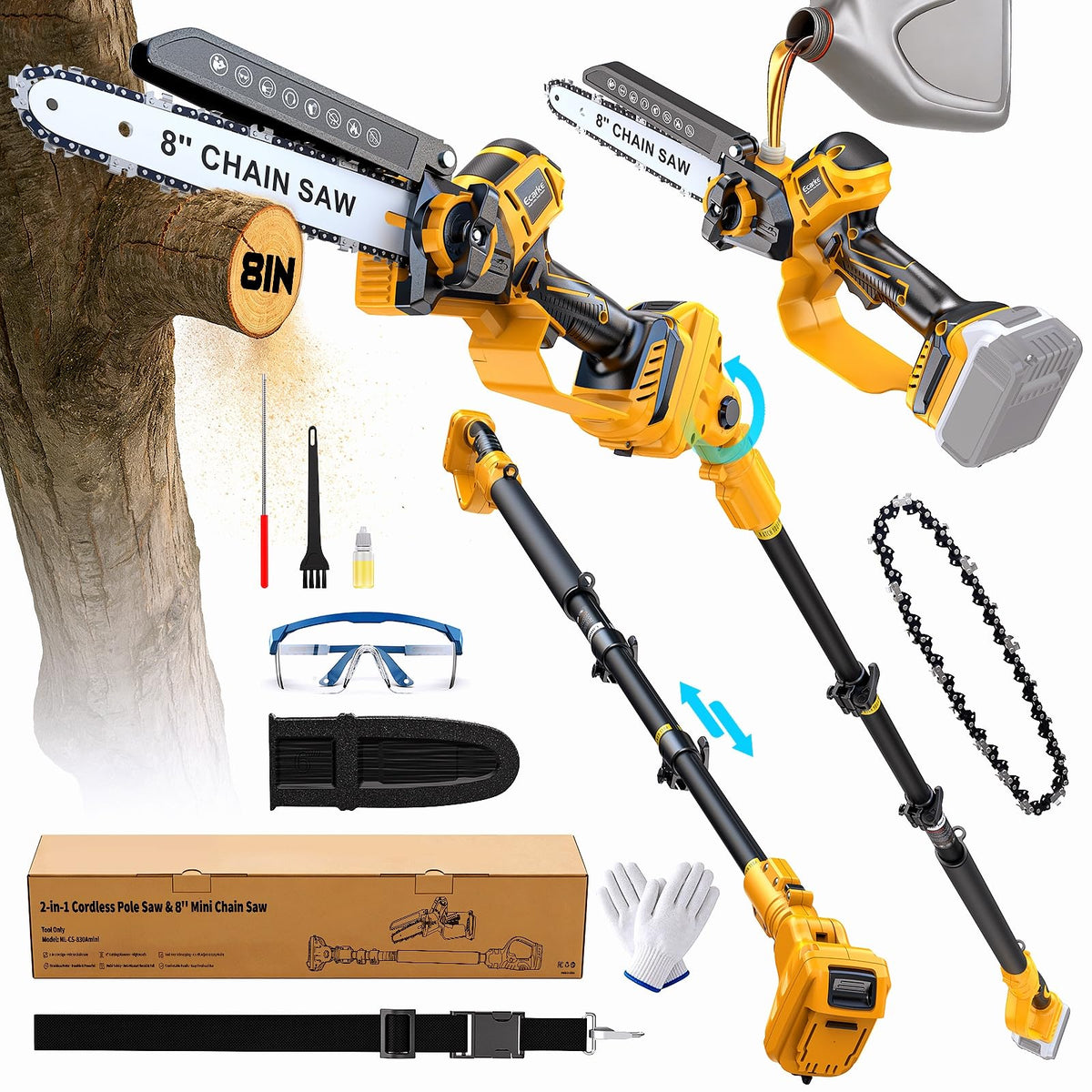 Yellow and black cordless pole saw with accessories on a white background