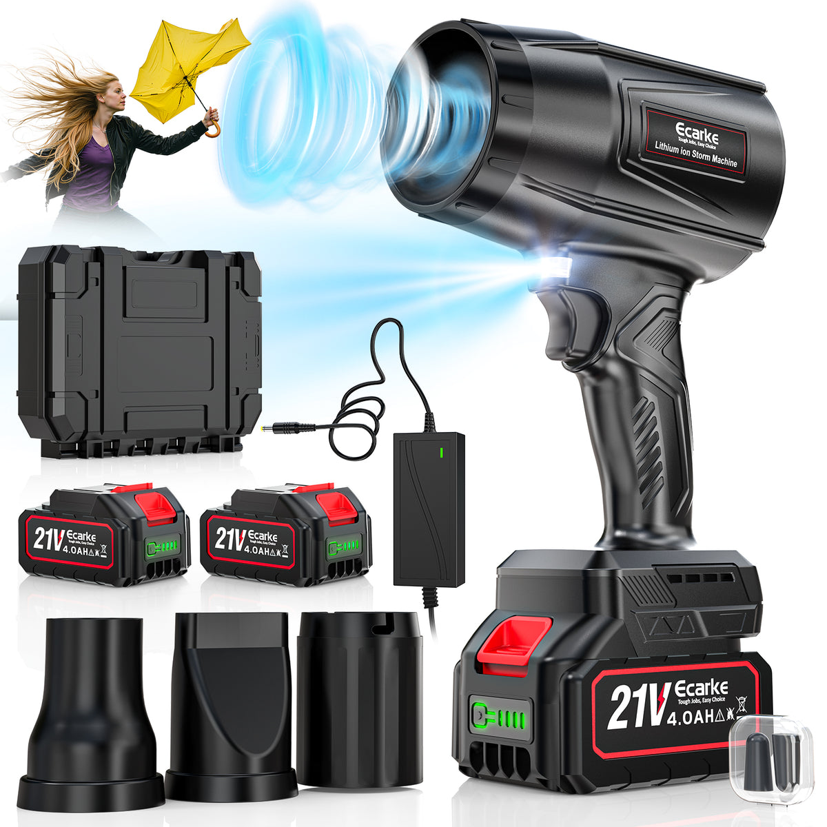 Ecarke battery powered leaf blower with accessories on a white background