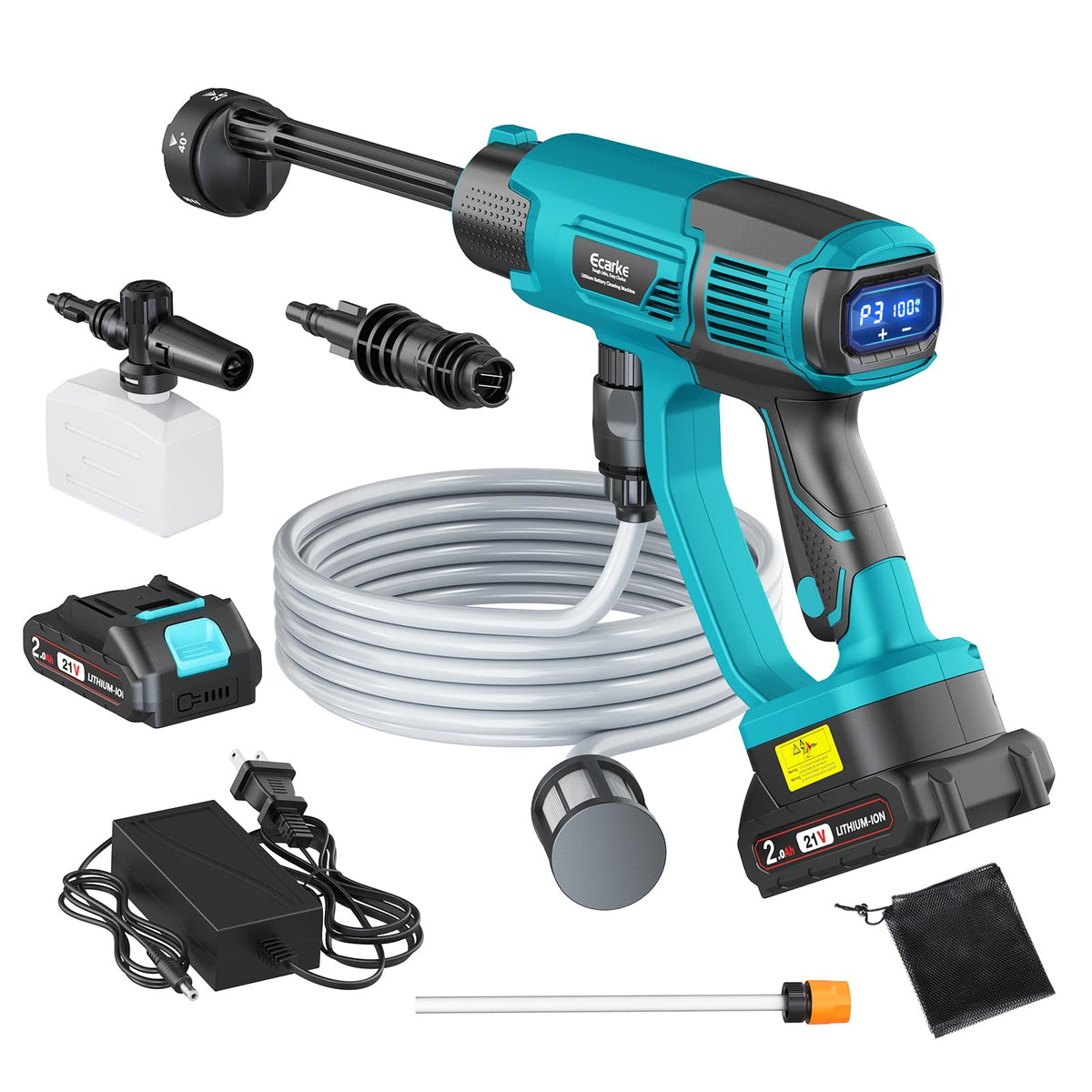 Teal power washer with accessories on a white background
