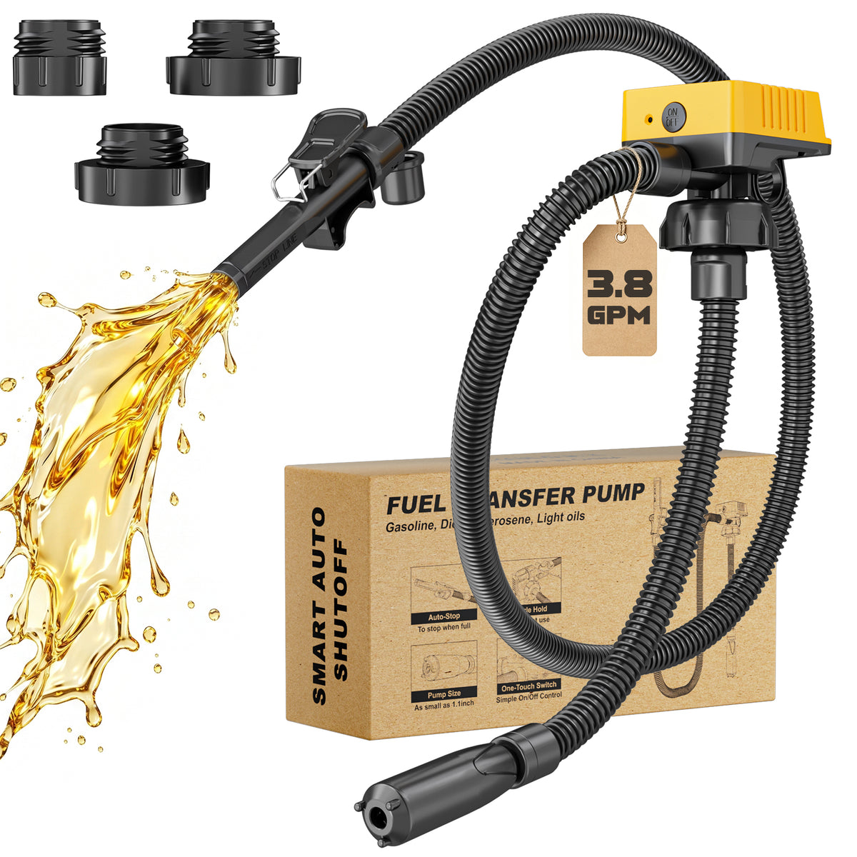 A battery powered water pump kit with a black corrugated hose, yellow and black pump housing, multiple black fittings, a cardboard product box labeled 'FUEL TRANSFER PUMP', and a splash of amber liquid demonstrating flow. No person, animal, or real environment is present, so this is Product/Packaging rather than Lifestyle.