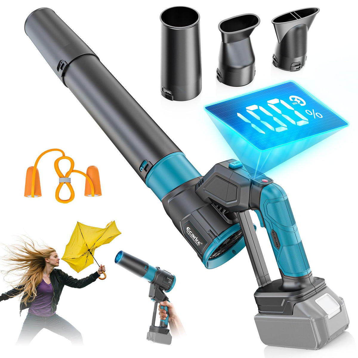 A cordless handheld blower vacuum cleaner shown on a white background with several nozzle attachments, orange earplugs, a small inset of a woman using it while holding a yellow umbrella, and a blue digital suction-level graphic.