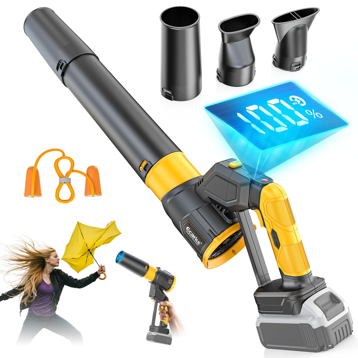 A cordless leaf blower shown on a white background with multiple accessories and a small lifestyle inset. The main product is black and yellow, with several nozzle attachments, orange earplugs, and a blue graphic indicating 100% power.