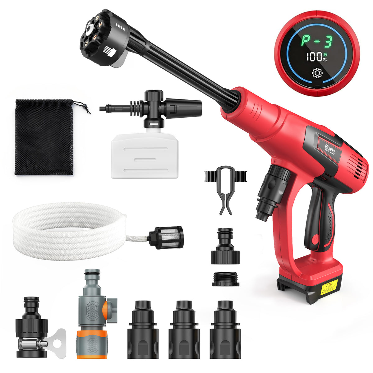A cordless hot water spray nozzle kit with a red and black handheld wand, a long black spray head, a digital temperature display showing 100°C, multiple black nozzle attachments, a white hose, a black storage pouch, a white fill container, and a metal clamp, arranged on a clean white background.