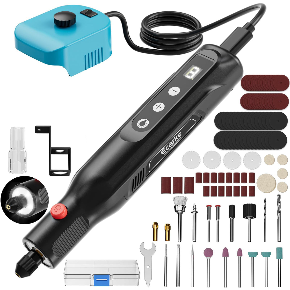 A cordless makita rotary tool bit set with a black handheld drill body, blue battery pack, black power cord, and multiple accessory bits, sanding discs, and a storage case on a white background.