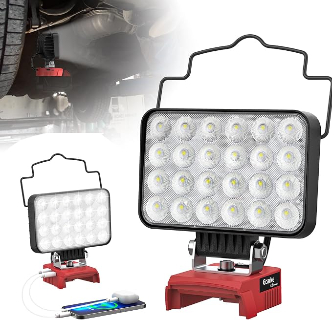 A portable rectangular LED work light with a black frame and red mounting base, shown in a large front view and a smaller side view. The main light has multiple white LED lenses and is mounted on a red bracket.