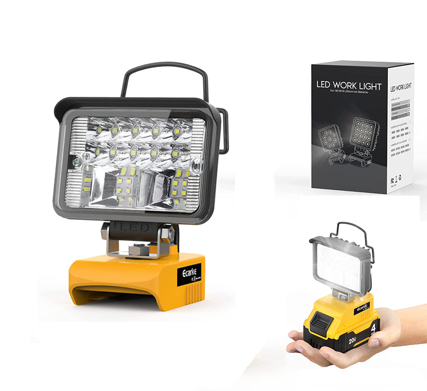 A collage showing a handheld LED camping lights with a yellow base, compatible with Dewalt 20V batteries. The image includes the product in use, with a person holding it, and a packaged box with the product's brand and details.
