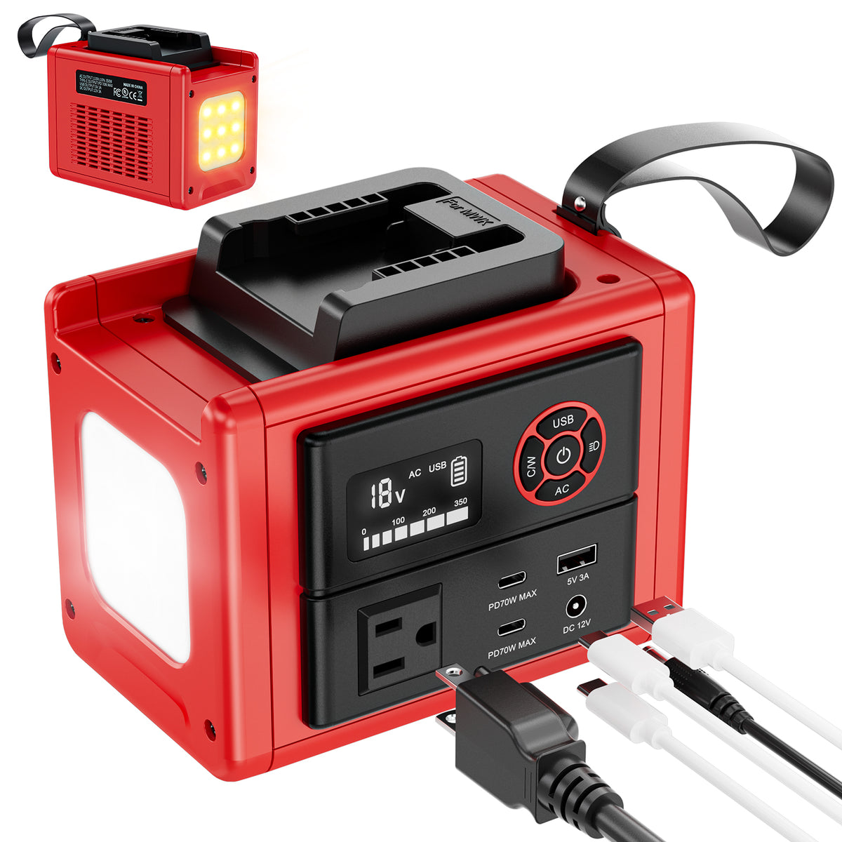 Red portable power station with built-in handle, front charging ports, digital voltage display, and a top-mounted black battery charger. A small inset shows the power station with an attached LED light on a white background.