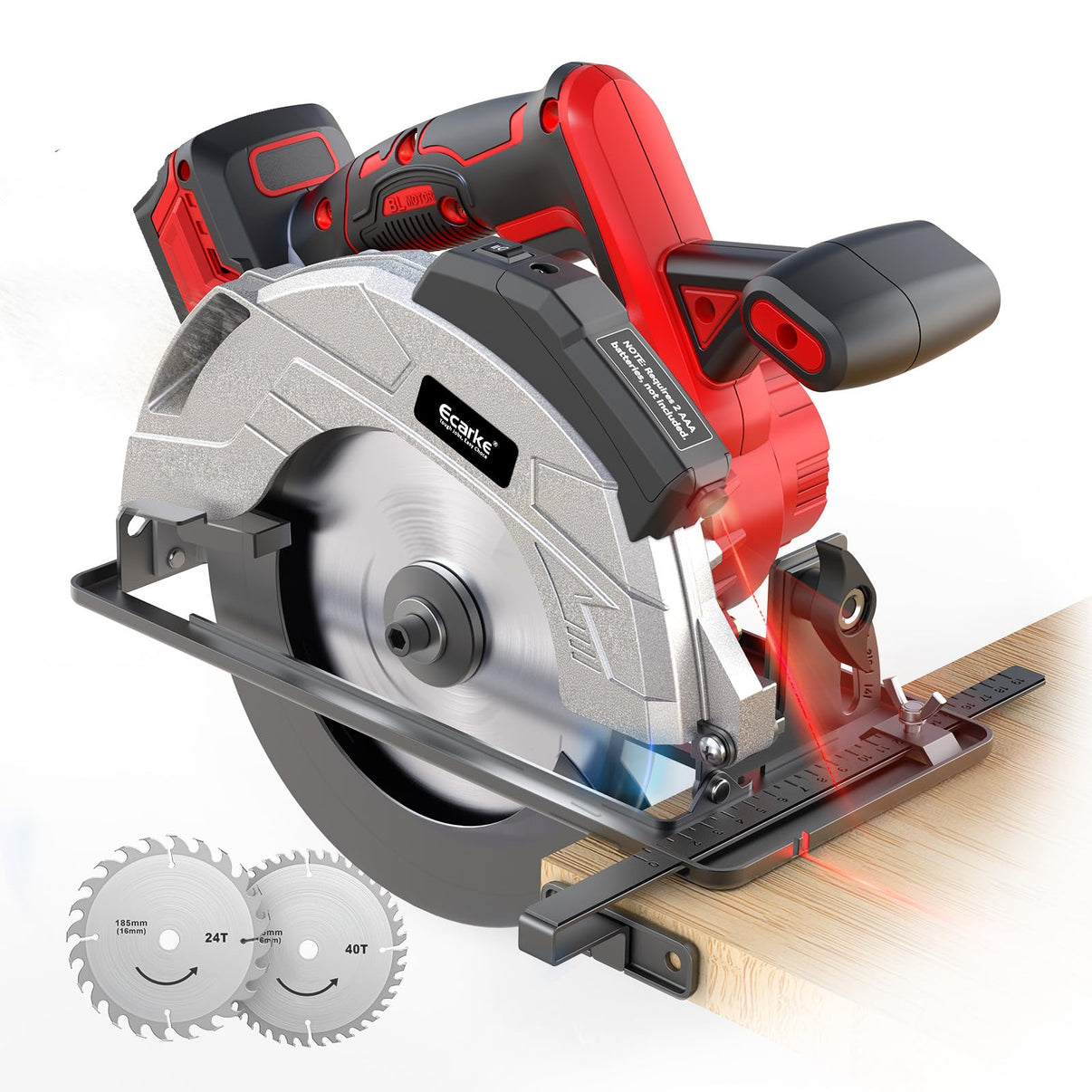 Red and black cordless circular saw with a silver blade, shown cutting a piece of wood on a white background with two blade options displayed in the lower left corner.