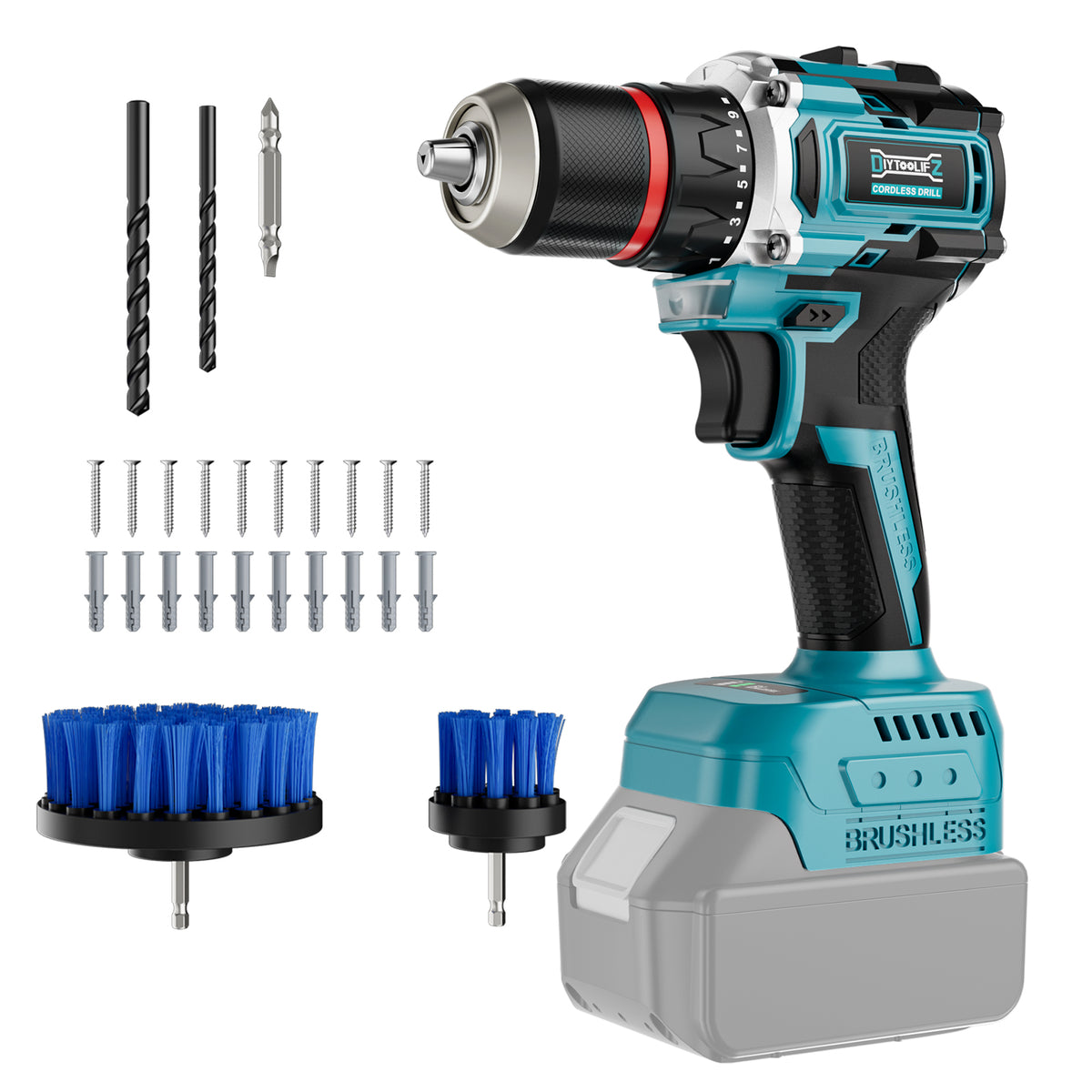 Blue and black cordless drill with accessories on a white background