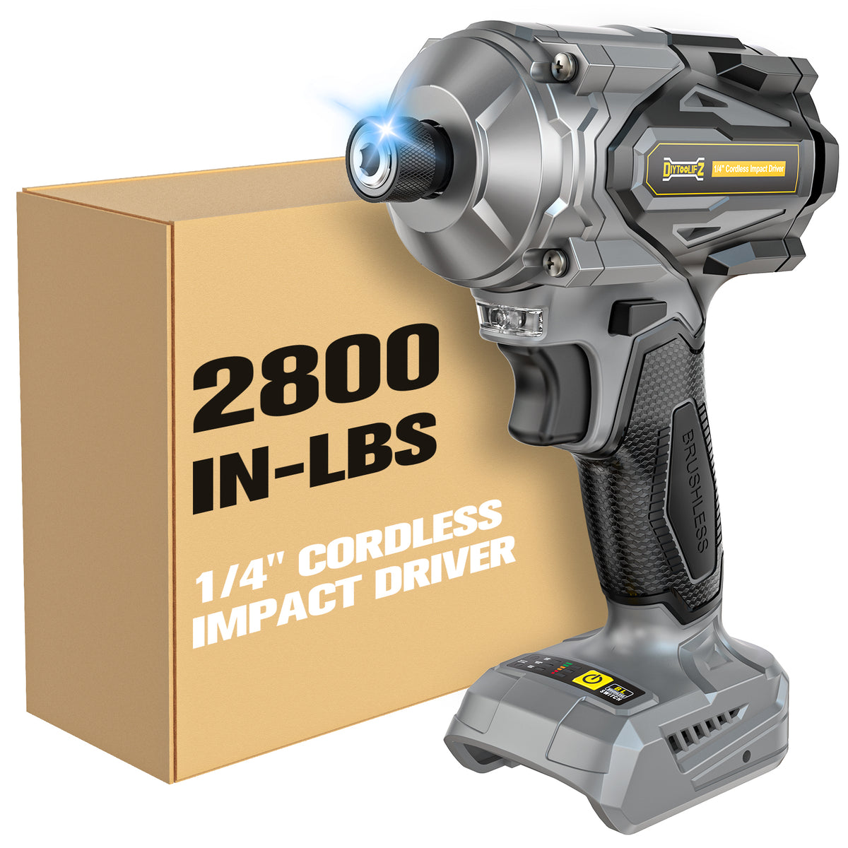 Cordless impact driver with a box labeled '2800 IN-LBS 1/4" CORDLESS IMPACT DRIVER' on a white background