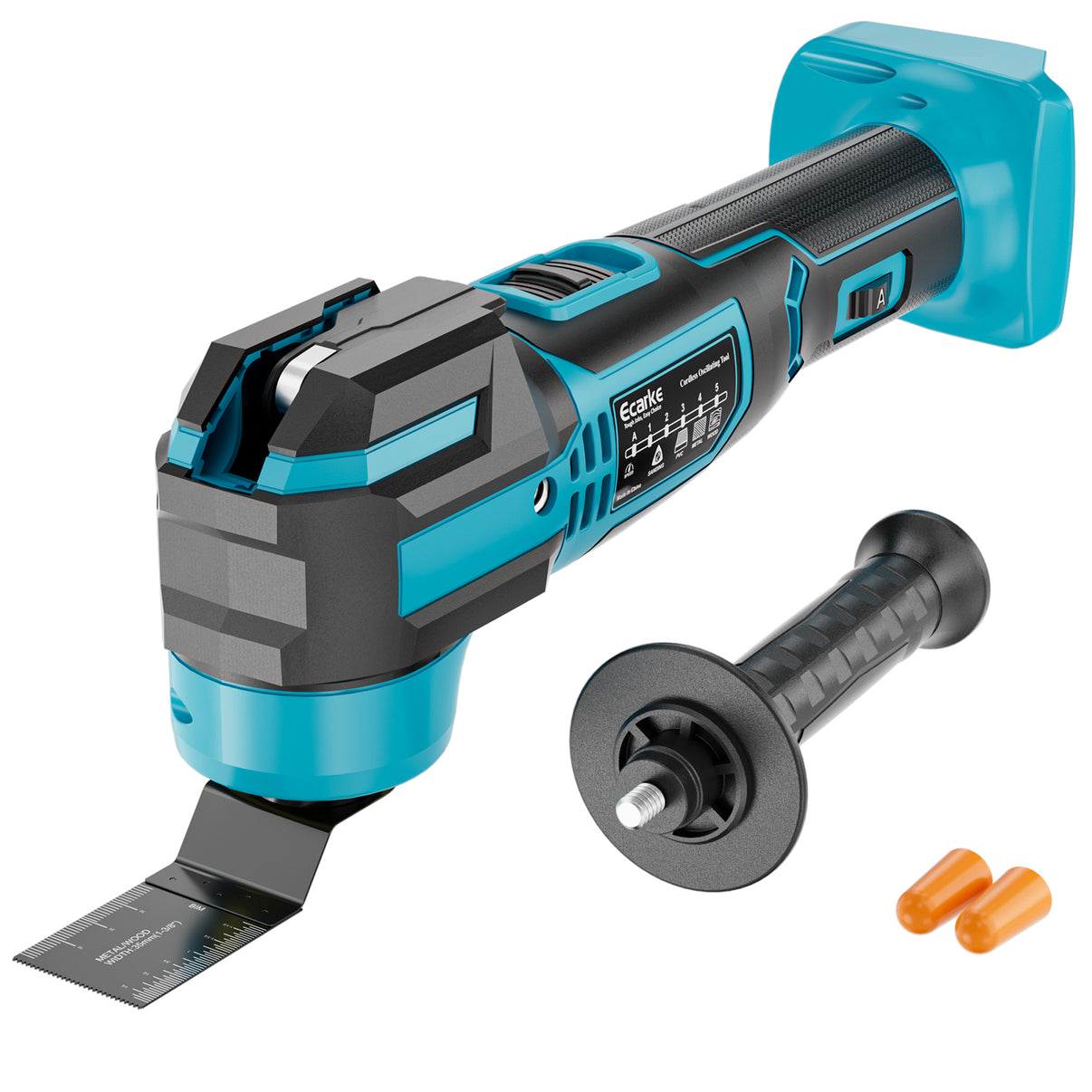A cordless makita oscillating multi tool with a black and teal body, shown with a metal blade, a detachable handle grip, and two orange earplugs on a white background.