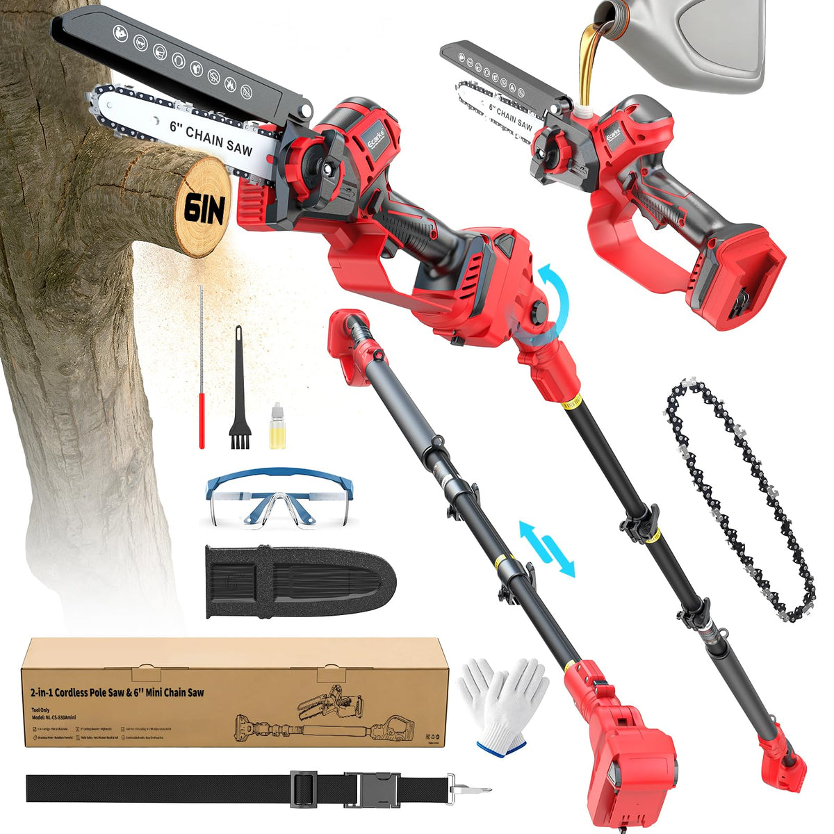 Red and black cordless pole chainsaw shown with accessories including a chain, safety glasses, gloves, brush, and a carrying strap, plus a cardboard box on a white background.