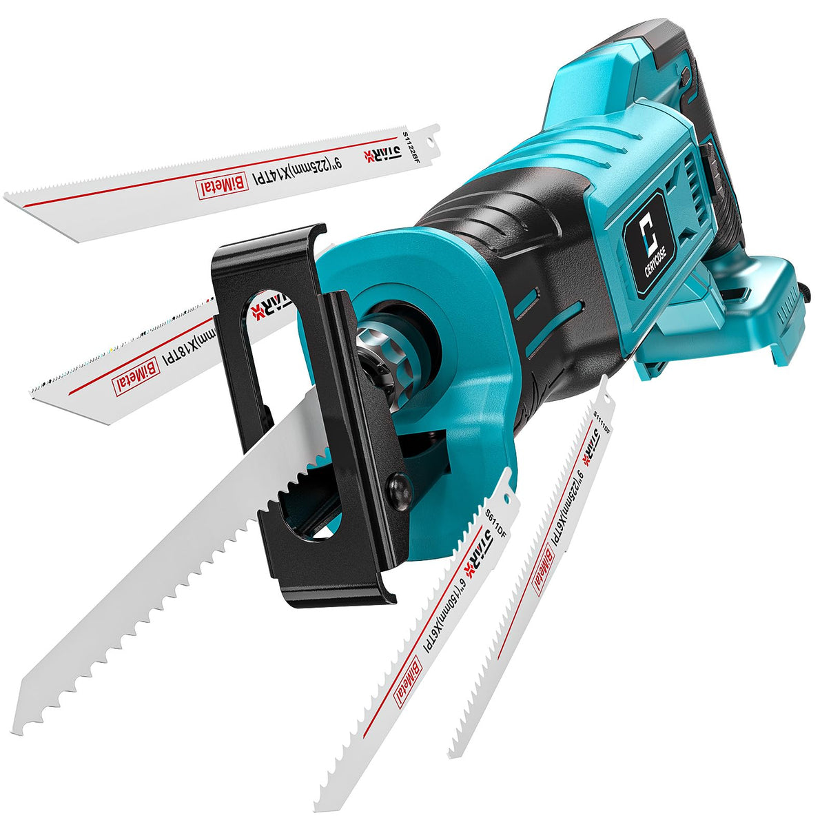 A teal and black cordless reciprocating saw with four interchangeable silver saw blades, shown on a clean white background. The blades feature red and black text including 'STAINLESS STEEL' and '10 TPI'.