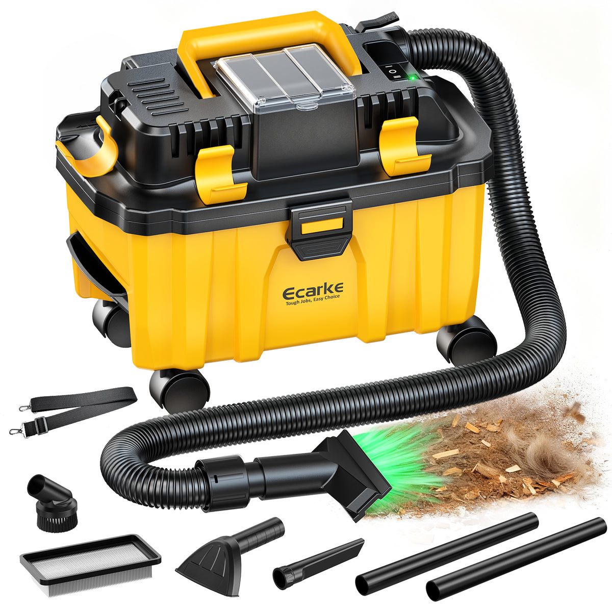 Yellow and black Ecarke cordless wet dry vacuum cleaner with attachments on a white background